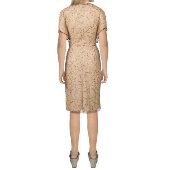 ADRIANNA PAPELL Beaded Flutter Sleeve Champagne & Gold Cocktail Dress Size 16W - Picture 3 of 4